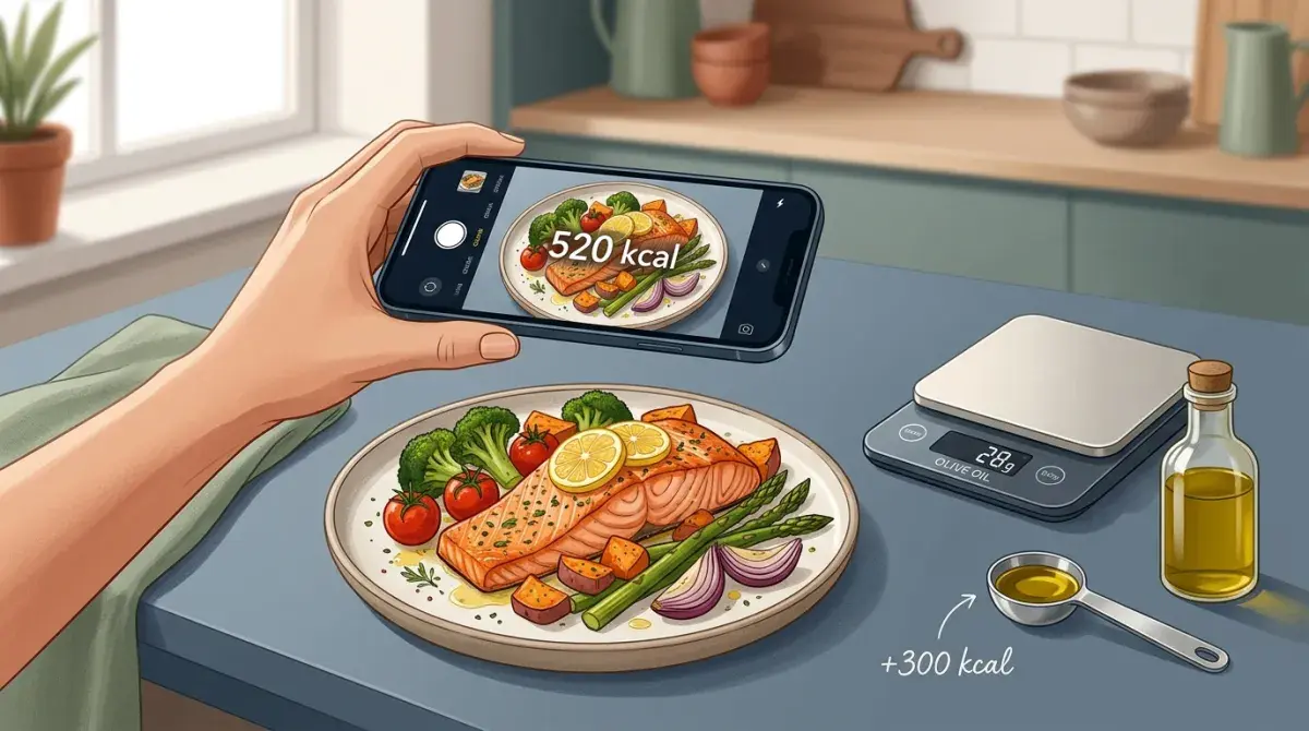 A phone photographing a plate of food, with an on-screen calorie estimate shown noticeably lower than a reference figure beside it