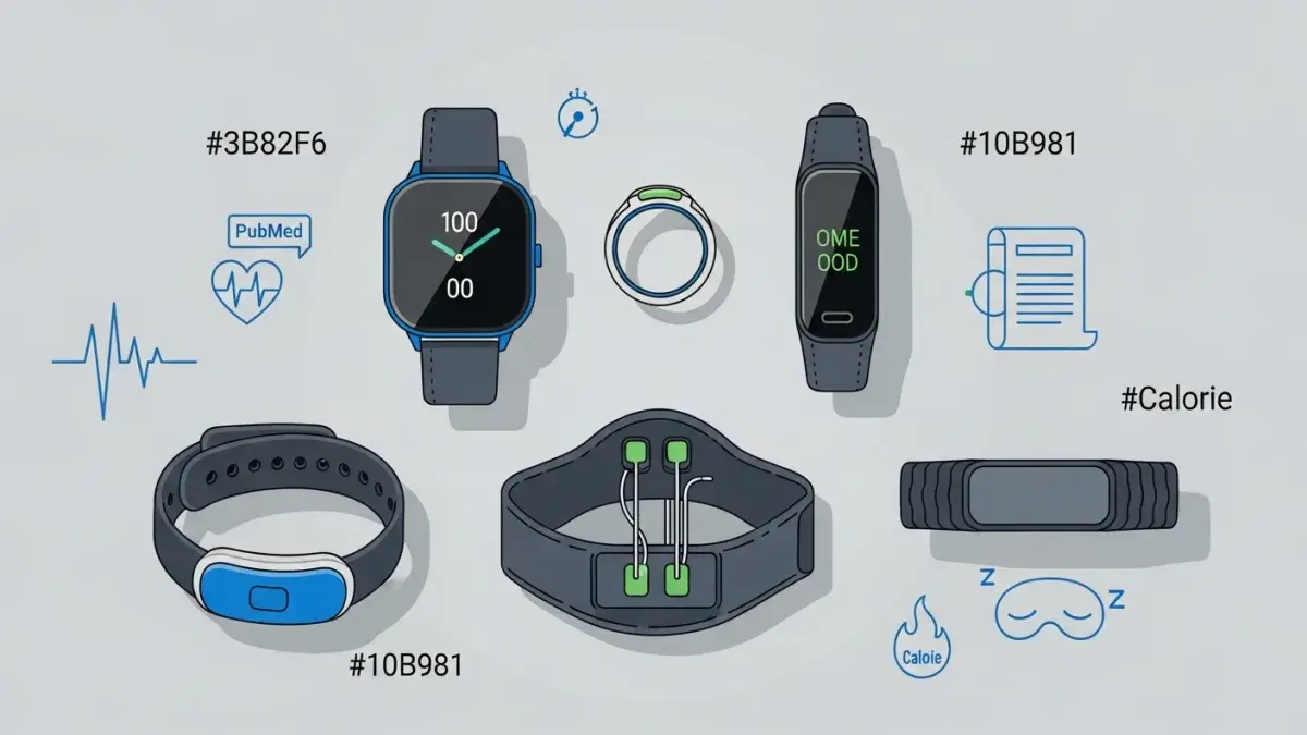 Five fitness trackers laid out on a slate background — smartwatch, slim band, smart ring, chest strap, and screenless band — surrounded by faint scientific icons