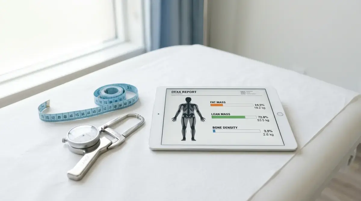 Clean clinical illustration of a DEXA body composition scan readout on a tablet beside calipers and a measuring tape, soft daylight on a white examination table