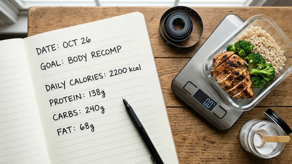 Notebook with body recomposition macro targets written next to a kitchen scale, food container, and tape measure