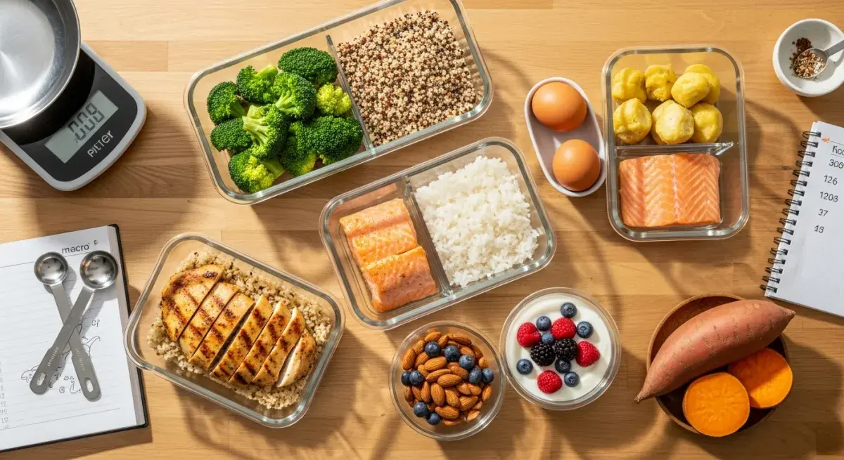 Glass meal-prep containers filled with grilled chicken, quinoa, broccoli, salmon, rice, eggs, Greek yogurt, and sweet potato arranged on a light wood kitchen counter with a kitchen scale