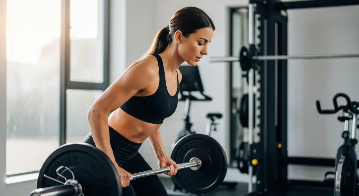 Athletic woman performing a barbell deadlift in a home gym with natural daylight from a large window