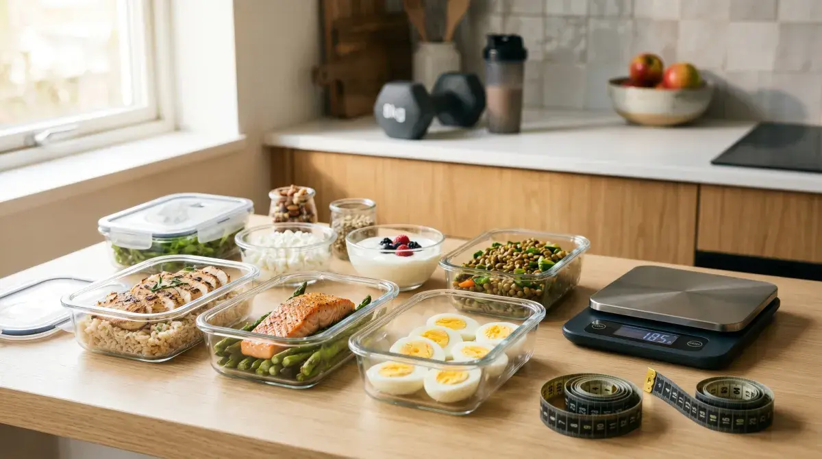 Kitchen counter with high-protein meal prep containers (chicken, salmon, eggs, Greek yogurt, cottage cheese, lentils), a digital food scale, measuring tape, and a dumbbell in soft natural light