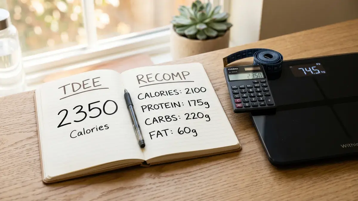 Two side-by-side notebooks on a clean desk — one labeled TDEE with a single calorie number, the other labeled Recomp with calorie, protein, carb, and fat targets — next to a calculator, tape measure, and smart scale in morning light