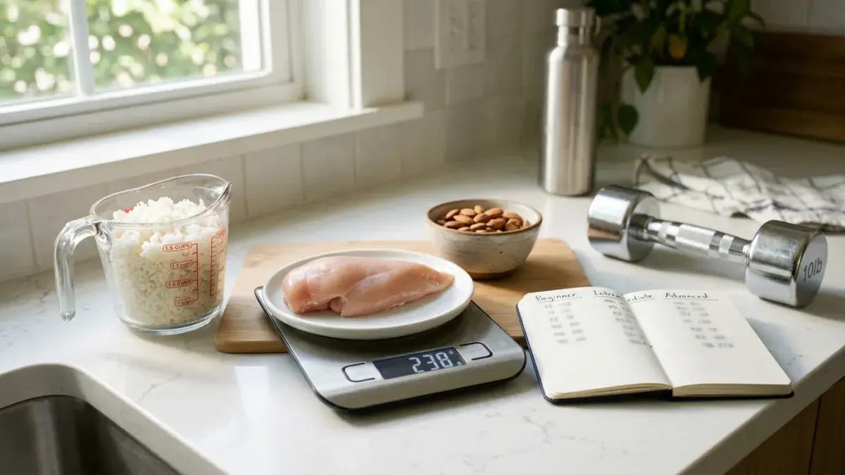 A digital food scale weighing chicken breast next to a measuring cup of rice, a bowl of almonds, a chrome dumbbell, and a notebook with handwritten Beginner / Intermediate / Advanced macro targets on a clean white countertop