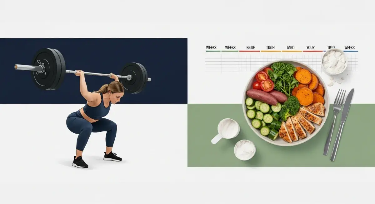 A person mid-deadlift alongside a balanced high-protein meal with a faint timeline of weekly progress in the background