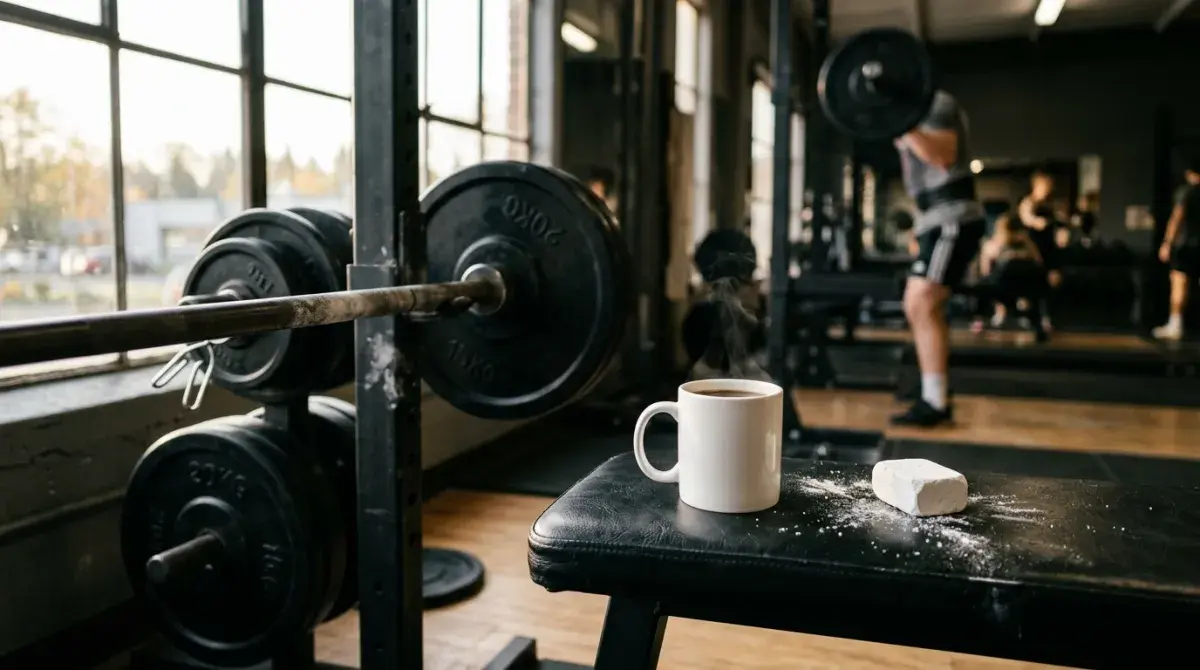 White ceramic mug of black coffee resting on a weight bench beside a loaded barbell in soft morning light