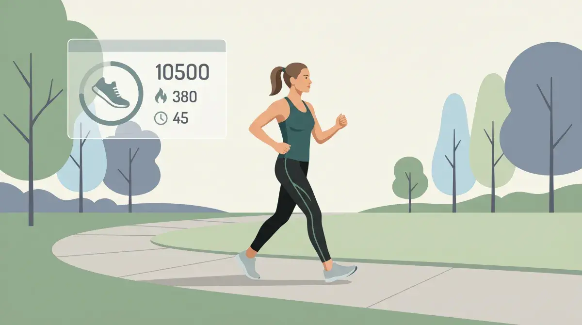 Person walking on a path with a translucent step-counter overlay showing steps and calories burned