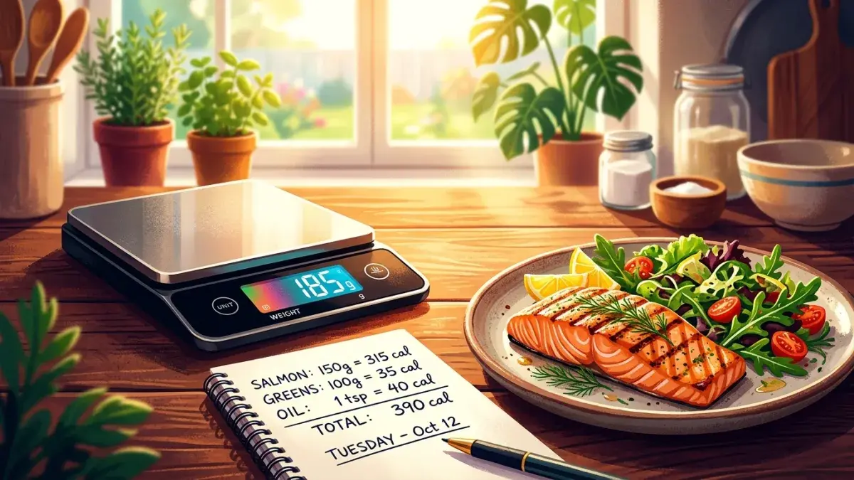 Digital kitchen scale with a notebook of calorie math next to a plate of grilled salmon and greens