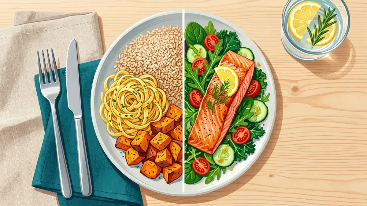 Two plates side by side showing a high-carb meal with rice and sweet potato and a low-carb meal with leafy greens and chicken