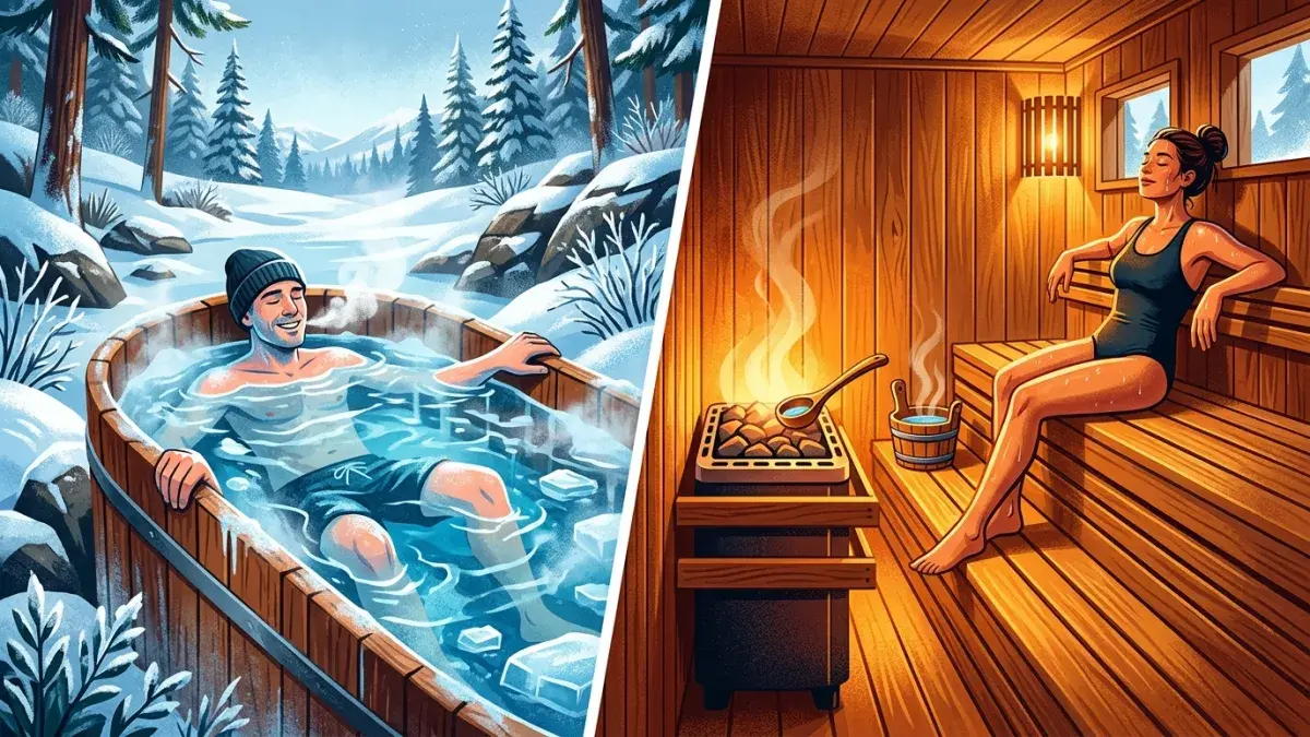 Split-screen of a wooden cold plunge tub with icy mist and a warm cedar sauna with amber light