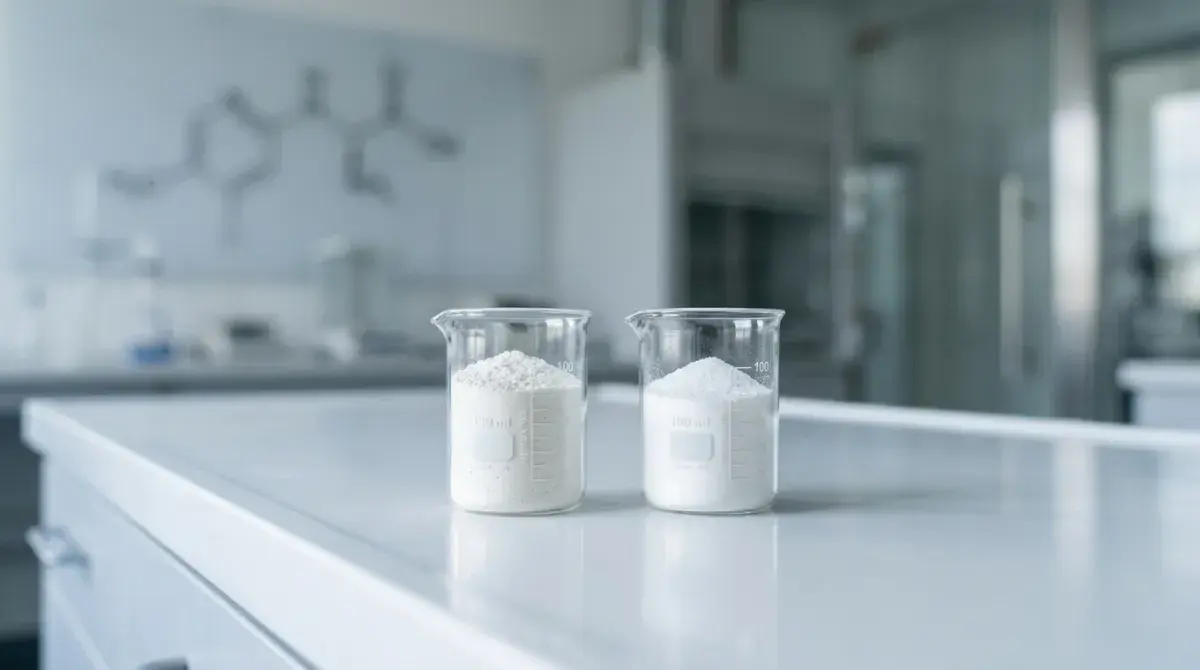 Two lab beakers side by side on a clean white counter, one filled with creatine monohydrate powder, the other with finer creatine HCl crystals, soft daylight, scientific aesthetic