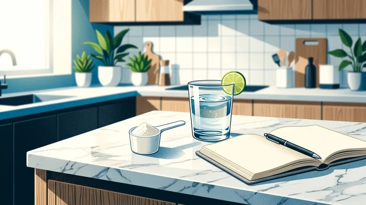 Close-up of a scoop of creatine monohydrate powder next to a glass of water on a marble countertop