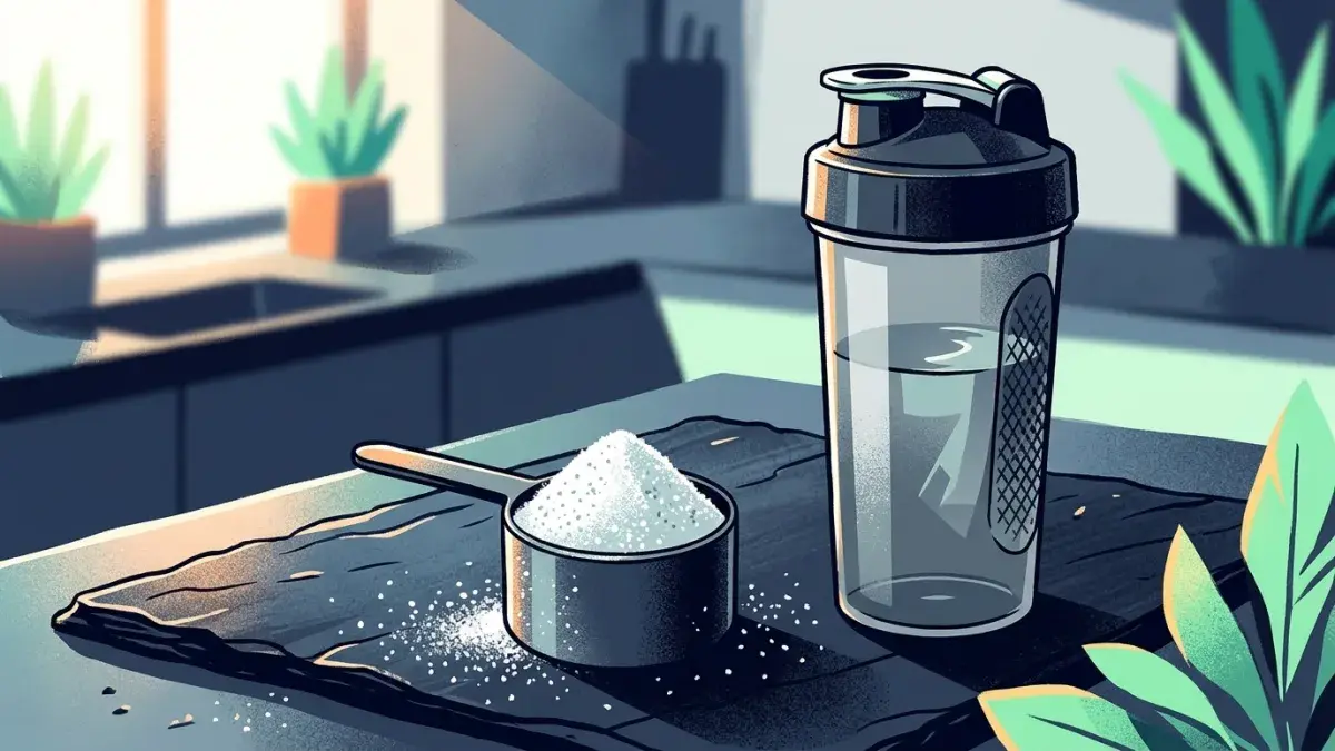 A scoop of creatine powder on a dark slate countertop with a shaker bottle in morning light