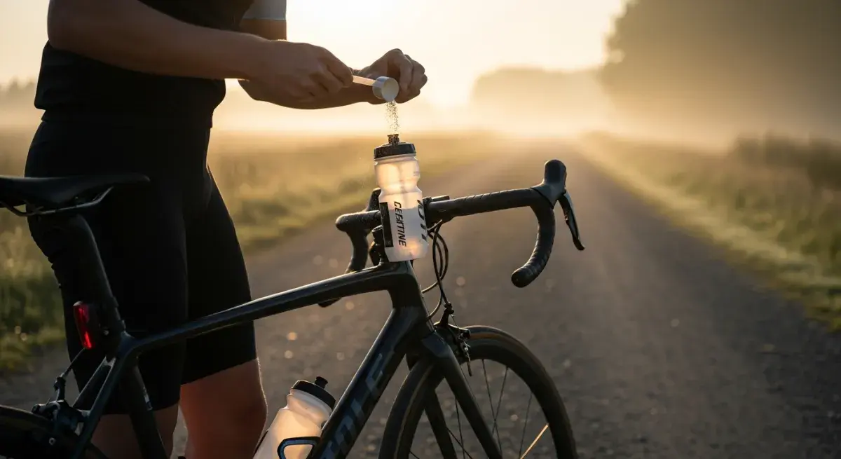 Cyclist in cycling kit pouring creatine from a measuring scoop into a sports water bottle next to a road bike at dawn on a gravel road