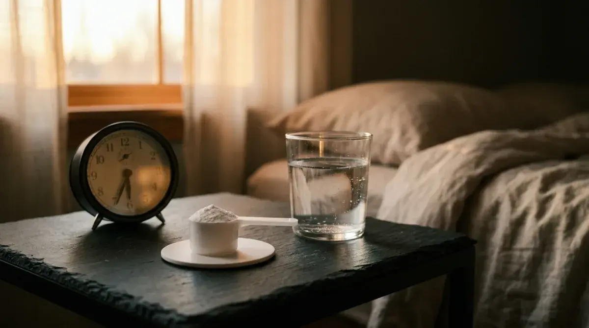 Scoop of creatine on a bedside table at dawn with a glass of water and an alarm clock