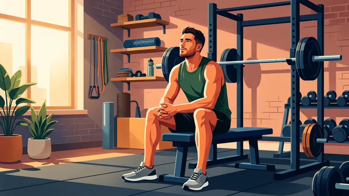 Natural lifter resting on a weight bench in a quiet home gym with barbell racked in the background and afternoon light