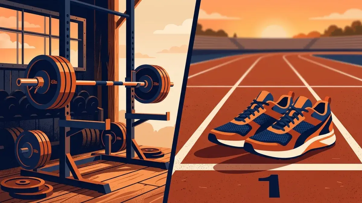 Illustration split in two: a loaded barbell on a squat rack on the left, running shoes on a track on the right