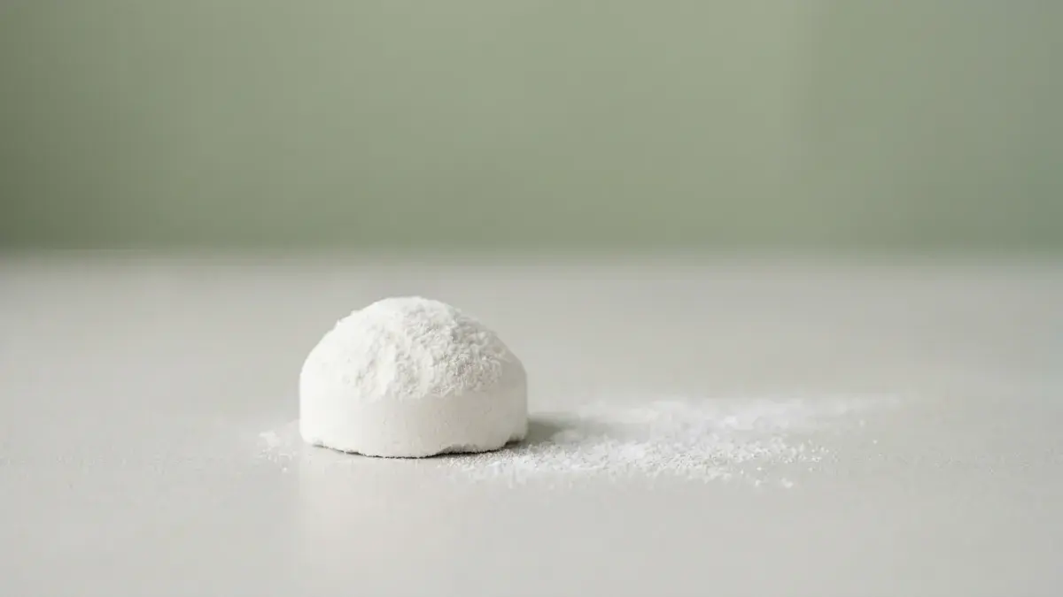 A scoop of creatine monohydrate powder on a clean neutral surface
