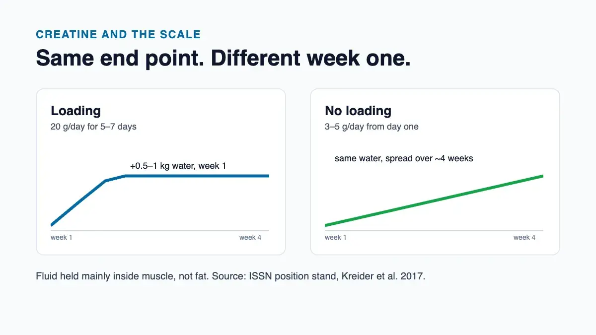Diagram comparing the week-one scale jump from creatine loading with the gradual rise from 3 to 5 grams a day