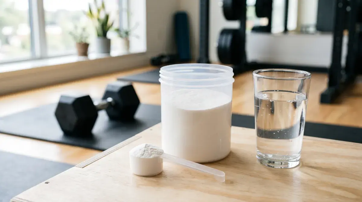 A scoop of white creatine monohydrate powder next to a glass of water with a dumbbell blurred in the background