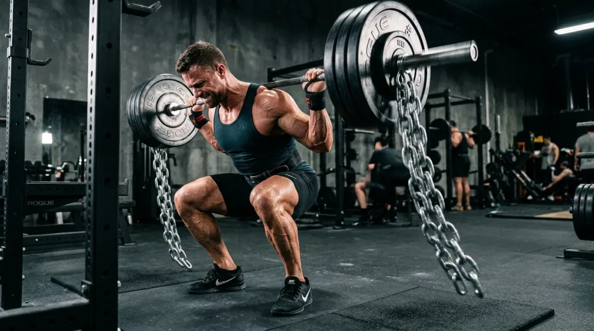 Lifter performing a slow controlled eccentric phase of a barbell back squat under dramatic side lighting