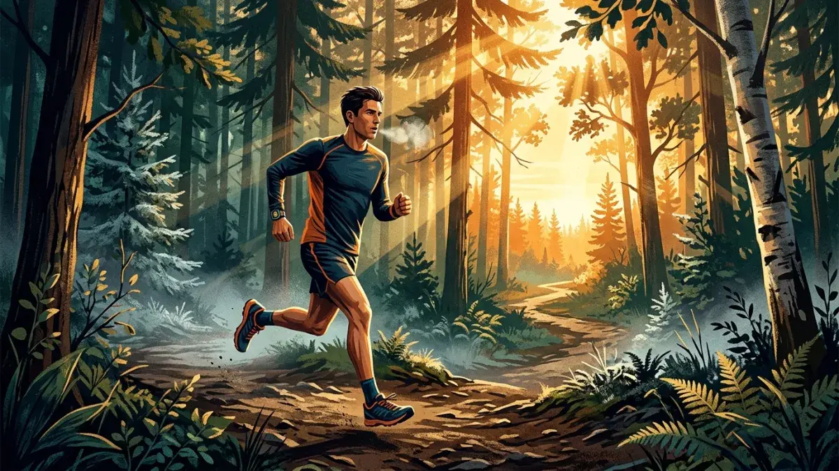 A runner on a forest trail at sunrise, breath visible in cool morning air with a fitness tracker on the wrist