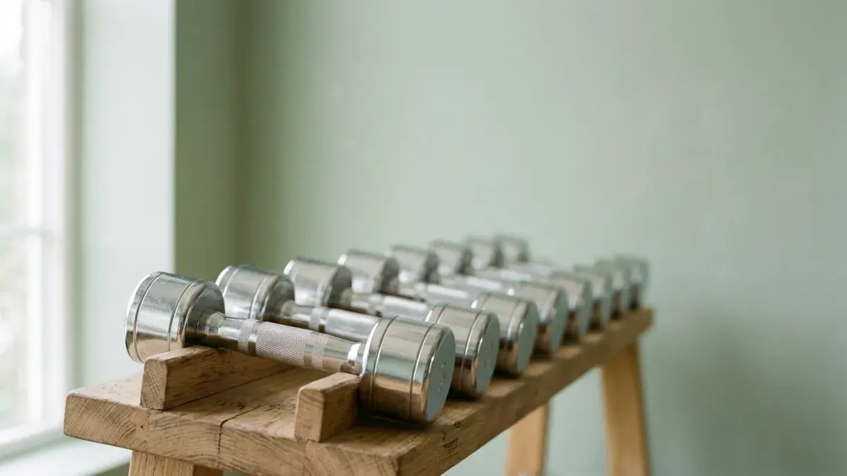 A row of dumbbells on a gym rack in soft daylight