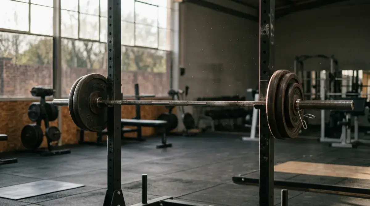 An unused barbell resting on a rack in an empty gym