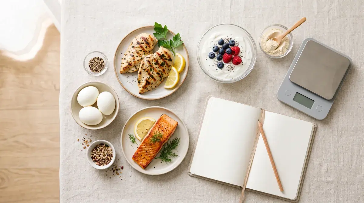 Flat-lay of high-protein whole foods — chicken, eggs, salmon, Greek yogurt, and a protein scoop — next to a kitchen scale