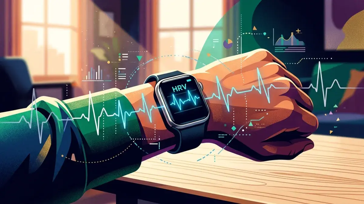 A wrist with a heart rate monitor displaying an HRV waveform graph in soft morning light