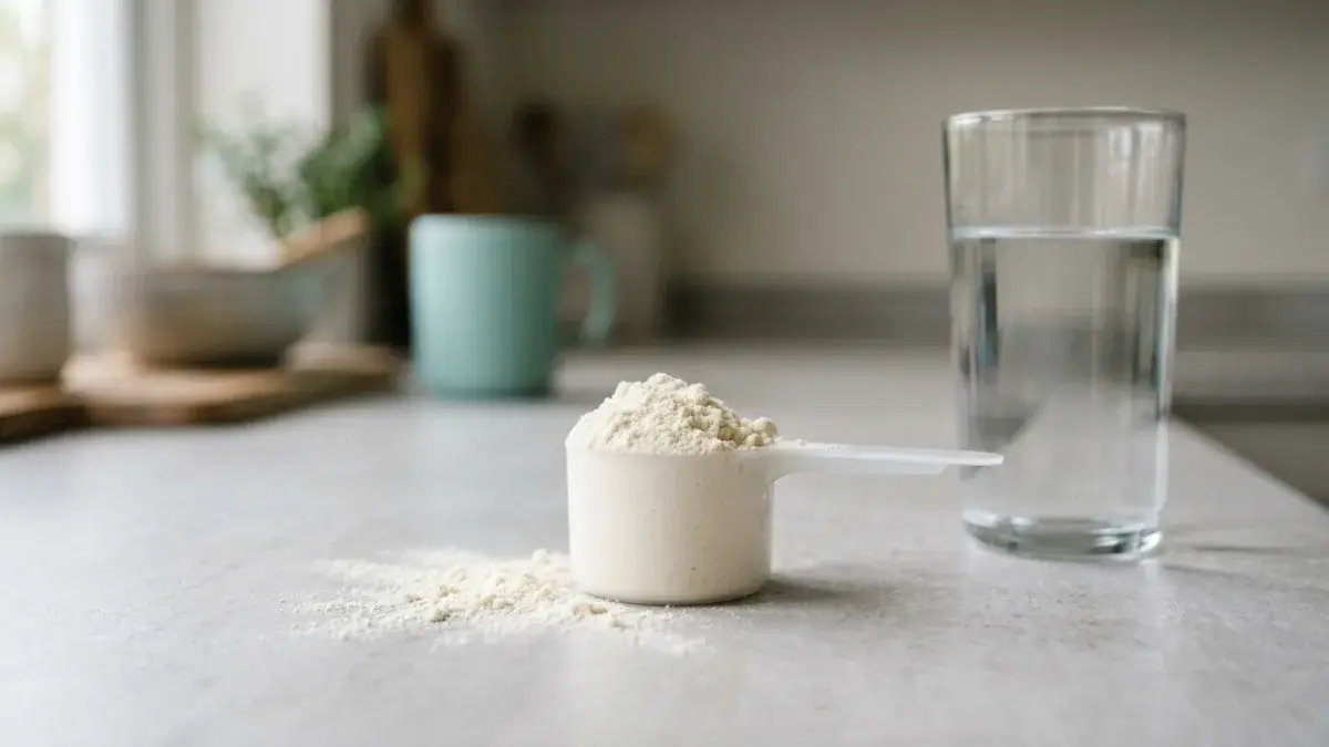 A scoop of protein powder and spilled powder on a kitchen counter beside a tall glass of water