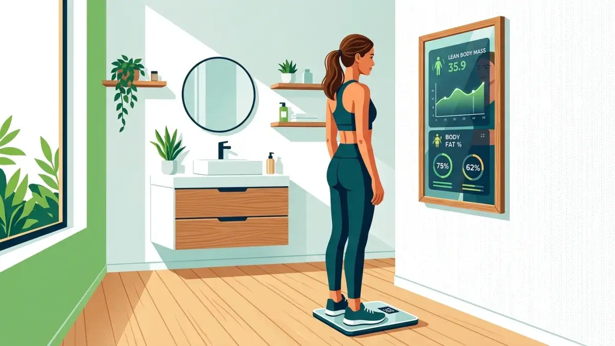 Person using a smart body composition scale in a minimalist bathroom, display showing lean mass and body fat readings