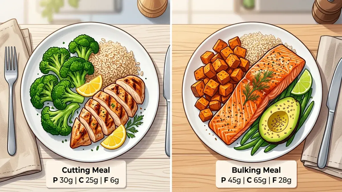 Split composition showing cutting and bulking meals side by side with macro labels