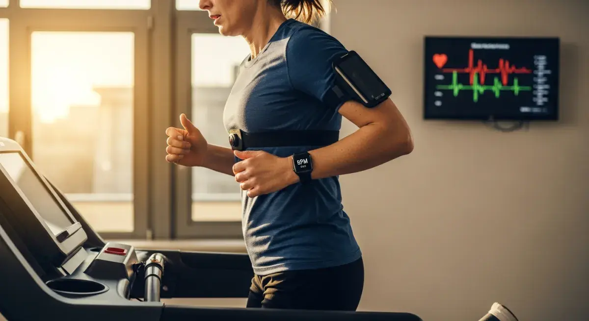 A runner in their 40s on a treadmill with a heart rate chest strap and fitness watch displaying BPM, soft morning gym light