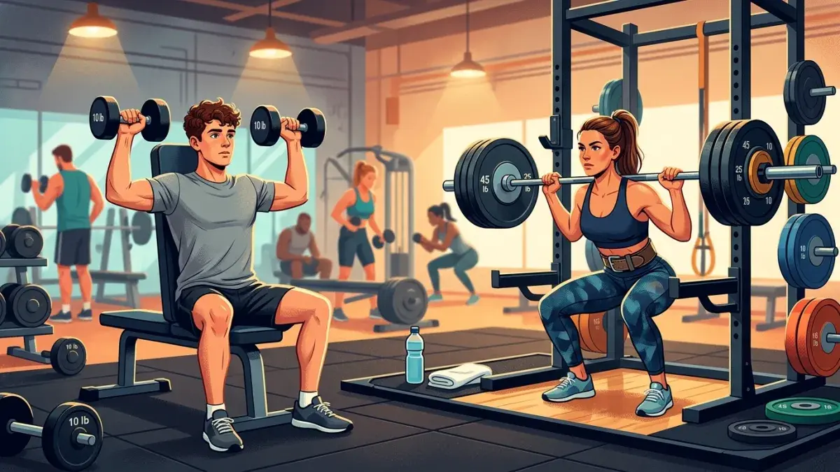 Two lifters at different experience levels training in a gym, beginner with dumbbells and intermediate with a loaded barbell