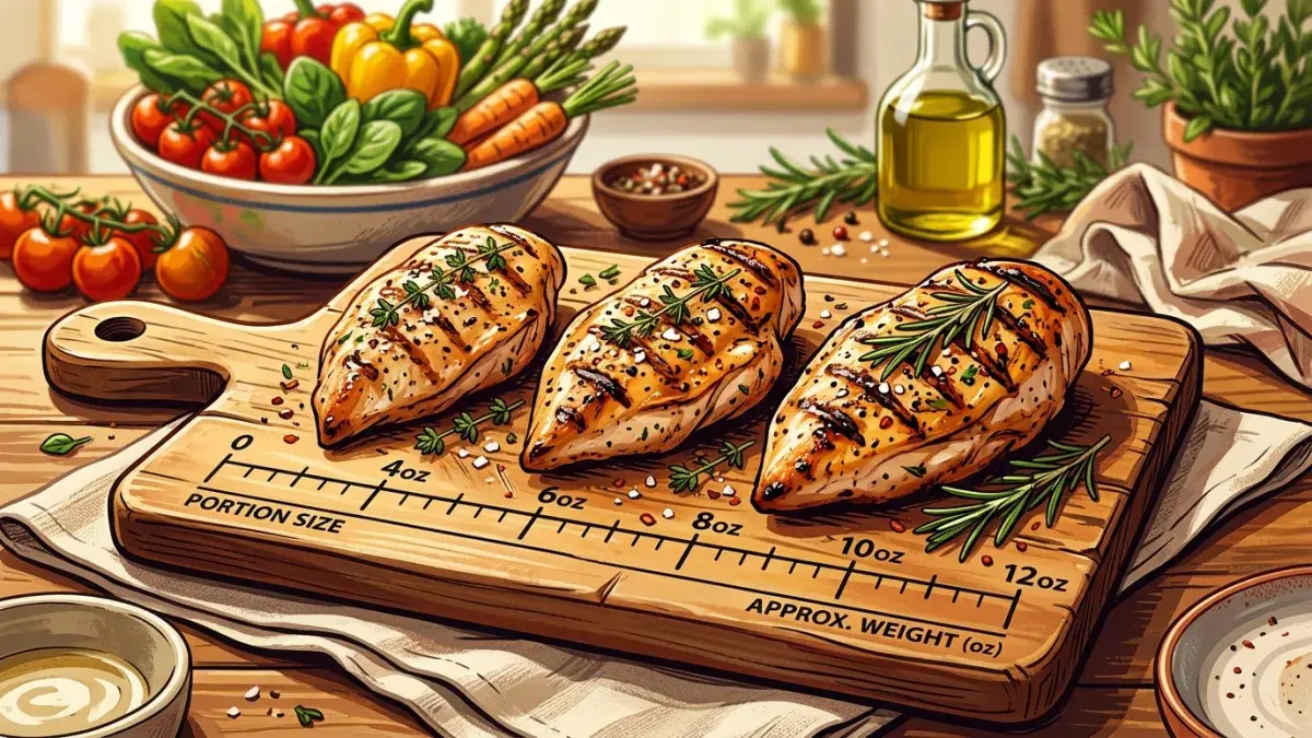 Grilled chicken breasts on a wooden cutting board beside a kitchen scale showing portion sizes