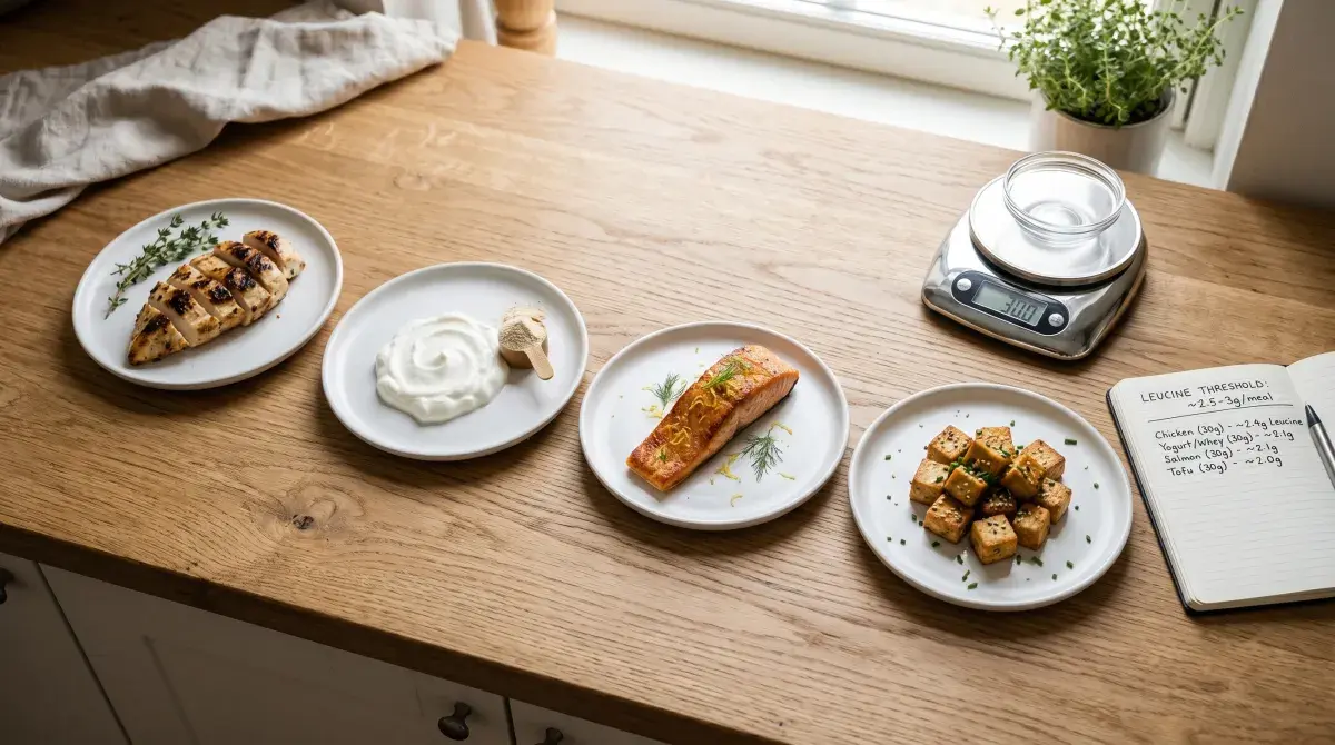 Four white ceramic plates spaced evenly on a wooden countertop, each holding 30 grams of protein — grilled chicken breast, Greek yogurt with whey scoop, salmon fillet, and tofu — with a kitchen scale and a small notebook showing the leucine threshold calculation