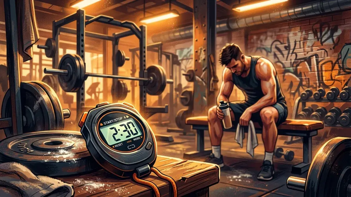 A lifter checking a timer between heavy squat sets with a loaded barbell in the foreground