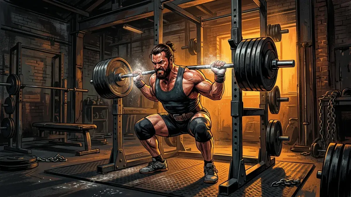 Powerlifter mid-squat in an industrial gym with chalked bar and warm amber rim light