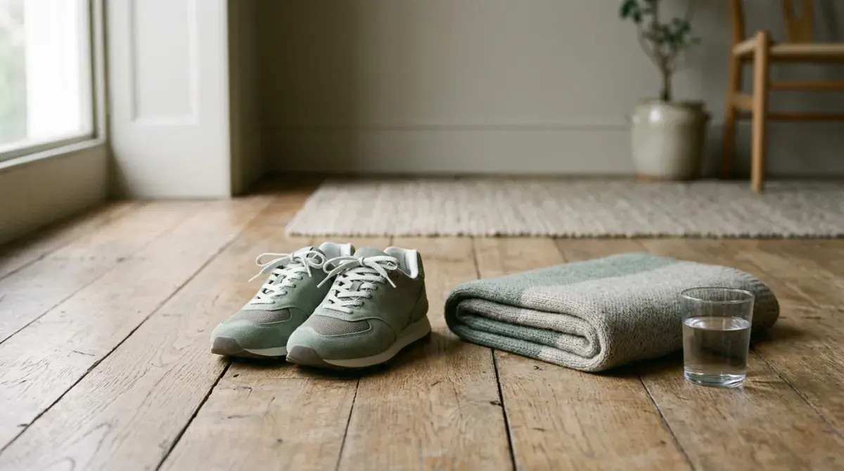 An unused pair of training shoes beside a thermometer