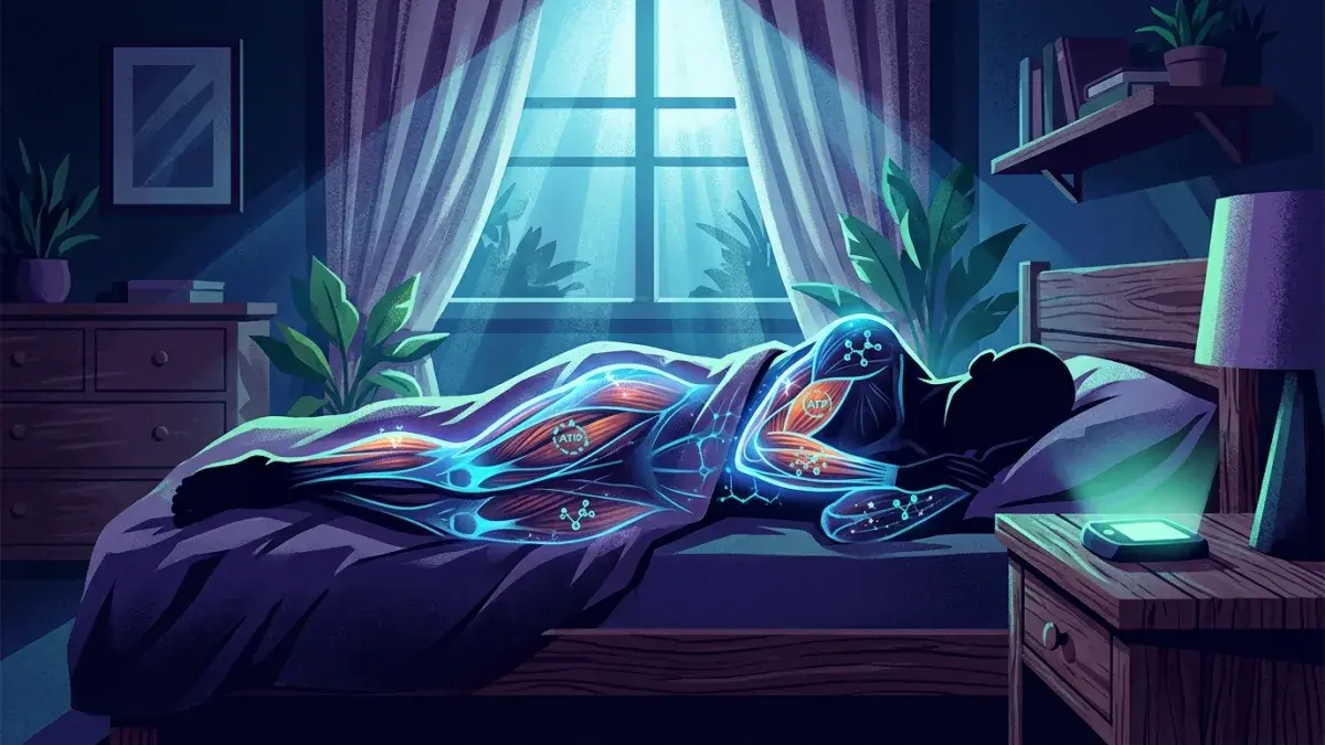 Dimly lit bedroom with a sleeping athletic figure and a sleep tracker glowing on the nightstand