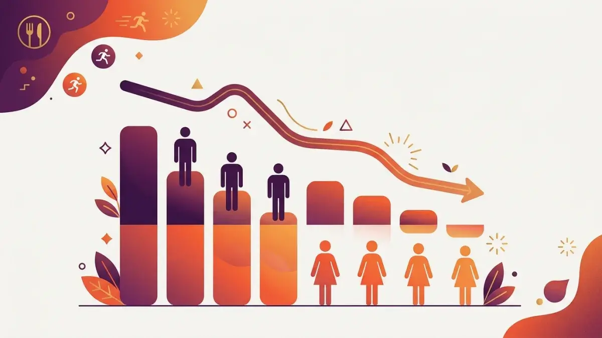 Infographic showing daily calorie needs declining gradually with age, with male and female silhouette icons