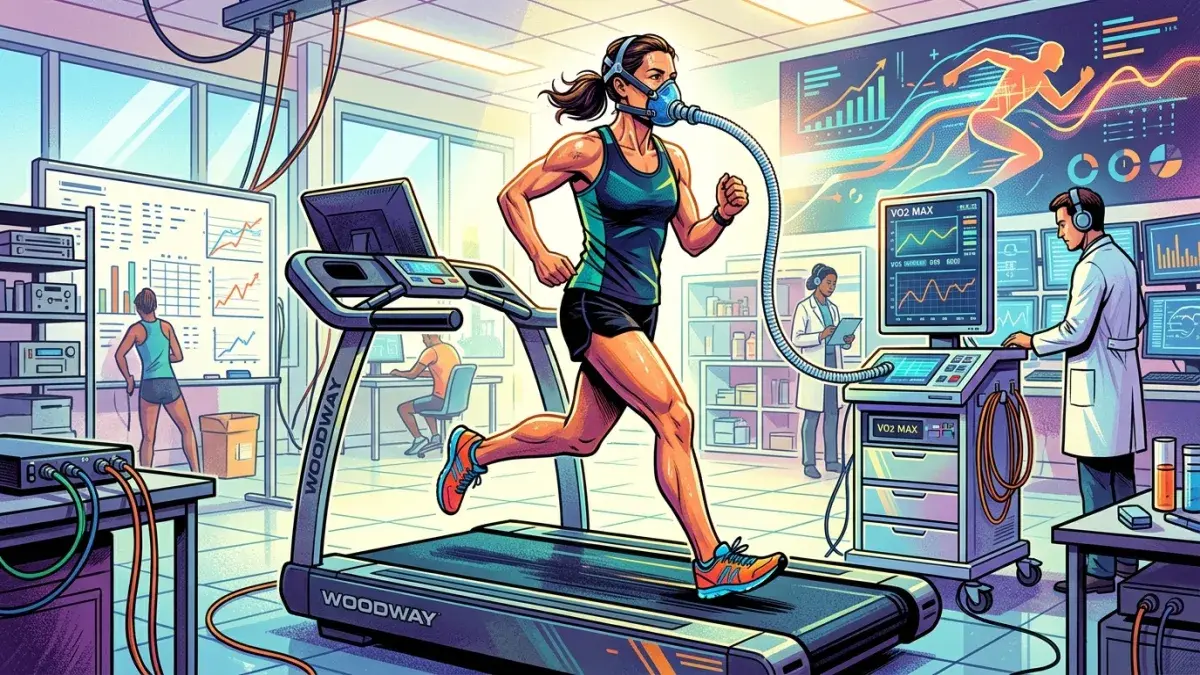 A middle-aged runner on a treadmill wearing a metabolic cart mask during a VO2 max test in a bright sports science lab