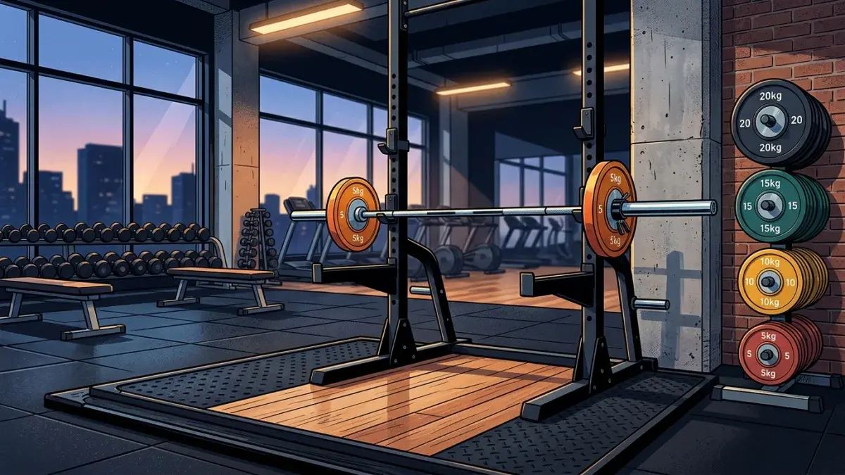 A lifter loading the bar with small plates at the start of a workout under warm gym lighting
