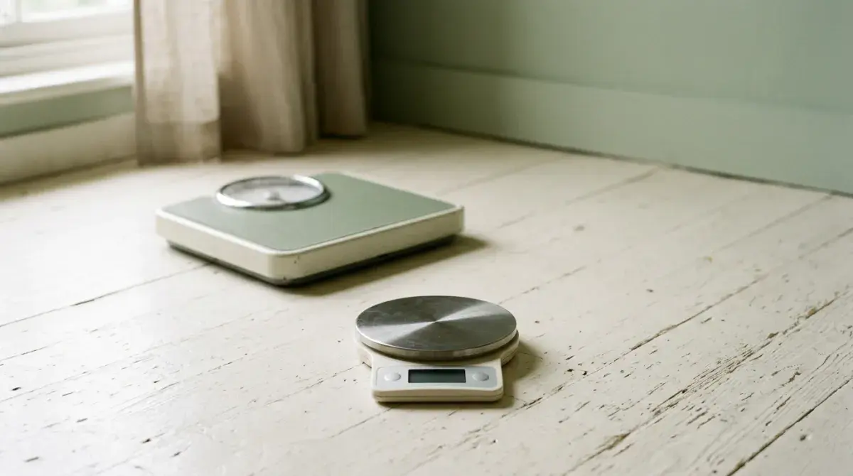 A food scale beside an untouched bathroom scale