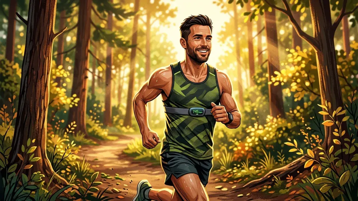 Runner on a forest trail wearing a chest heart rate monitor in golden morning light