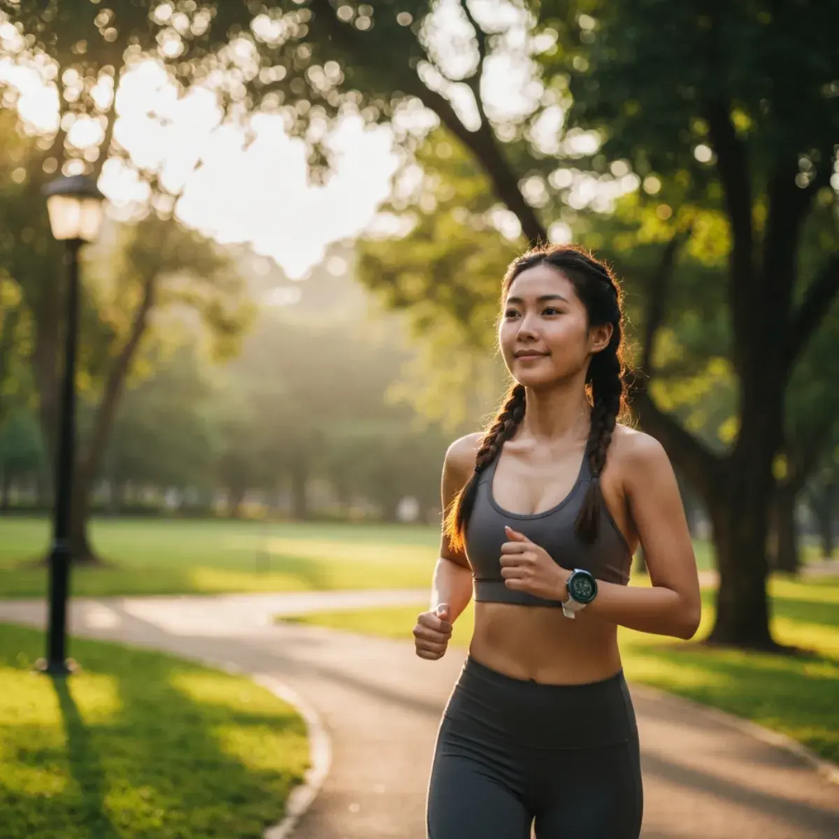 Person jogging at an easy pace through a park in morning light, wearing a heart rate monitor