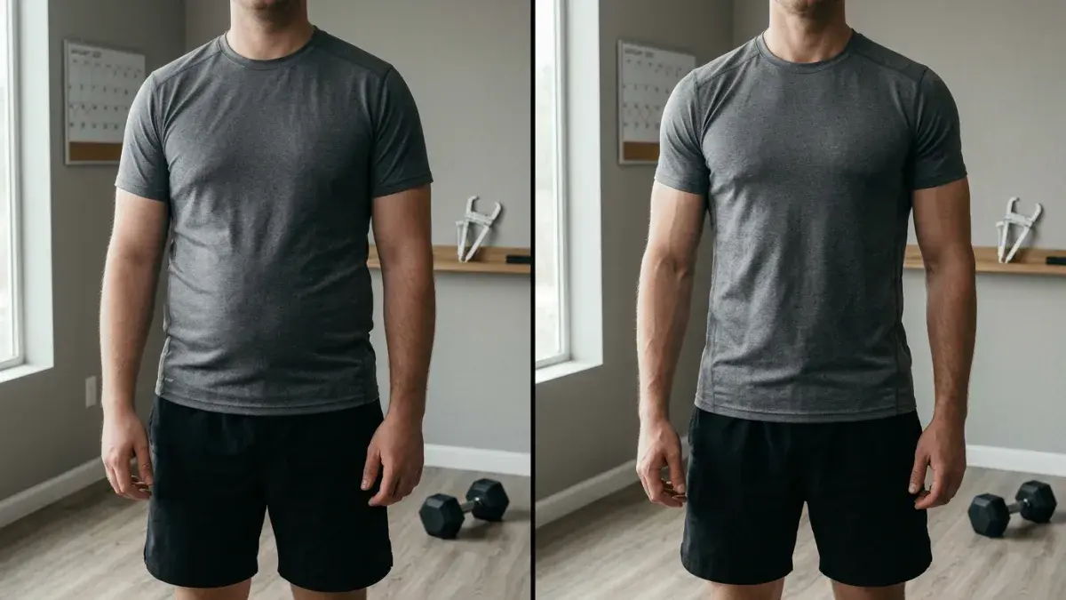 Split-screen body composition before-and-after photos in a clean home gym with neutral lighting, a wall calendar with weekly marks, a body fat caliper, and a dumbbell on the floor