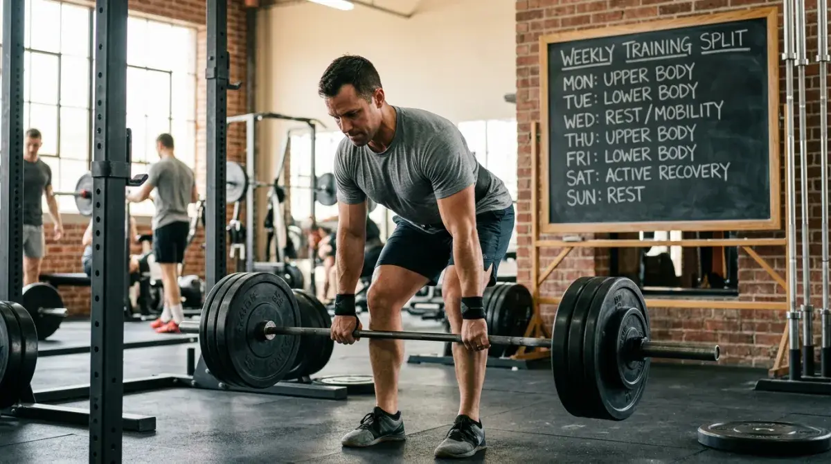 Male lifter performing a barbell row in a clean gym, with a 4-day upper/lower training split written on a chalkboard in the background